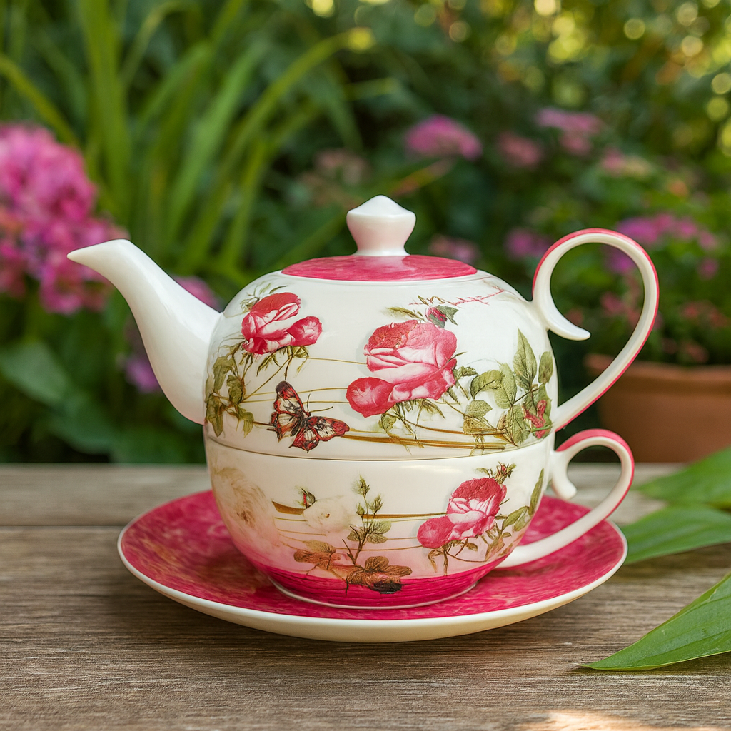 Tea for One Brillantporzellan Rose Weiß mit Untersetzer 450ml