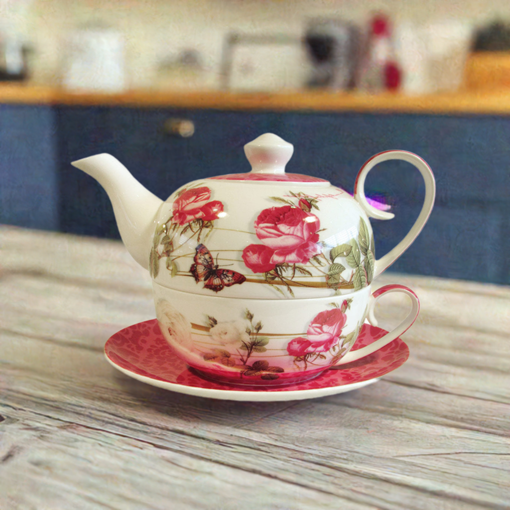 Tea for One Brillantporzellan Rose Weiß mit Untersetzer 450ml