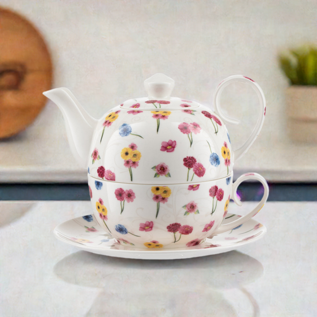 Tea for One Brillantporzellan Stielblumen mit Untersetzer 450ml