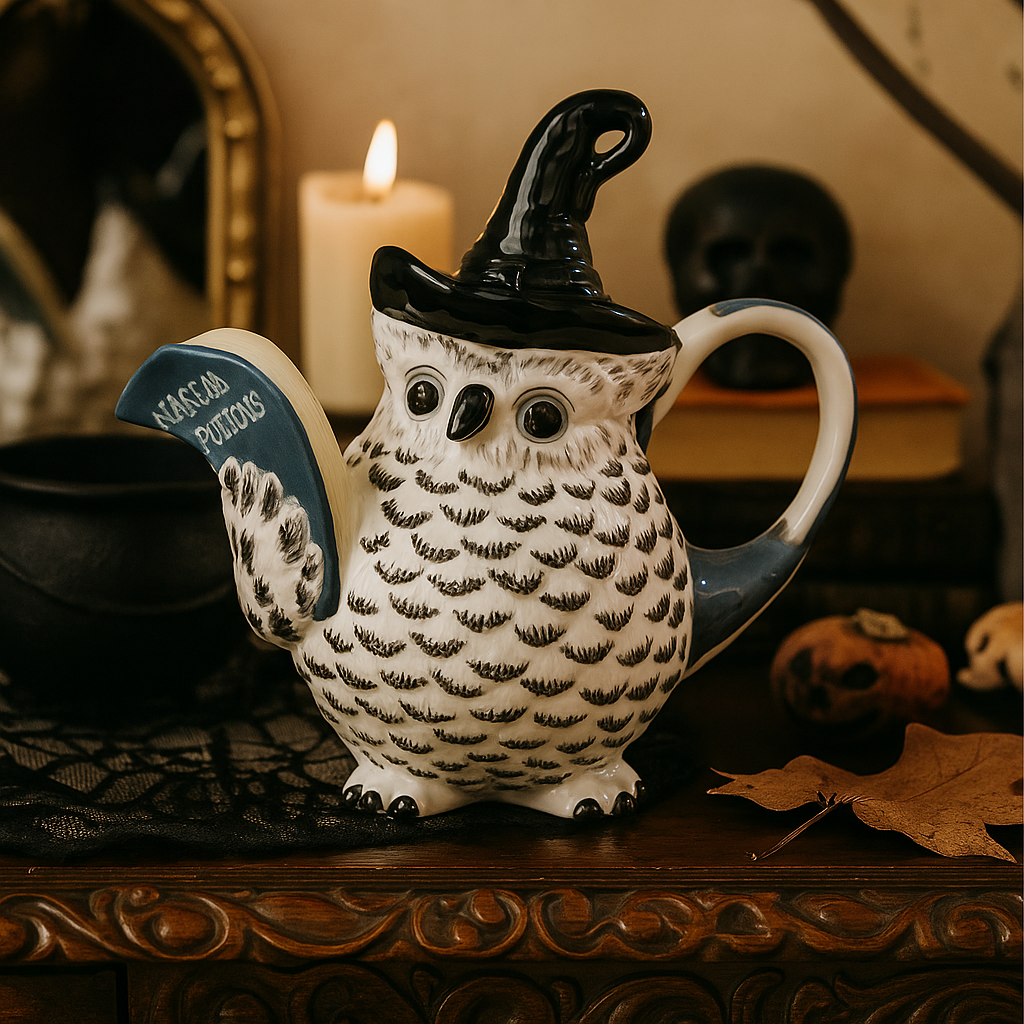 Designer Teekanne Tiermotiv Schneeeule Handbemalt