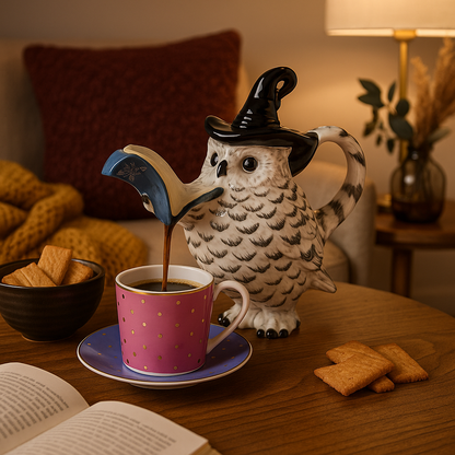 Designer Teekanne Tiermotiv Schneeeule Handbemalt