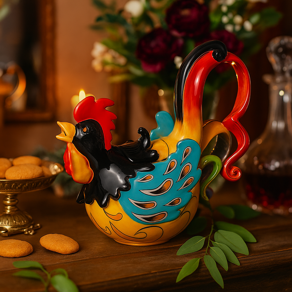 Designer Teekanne Tiermotiv Hahn Handbemalt 850ml