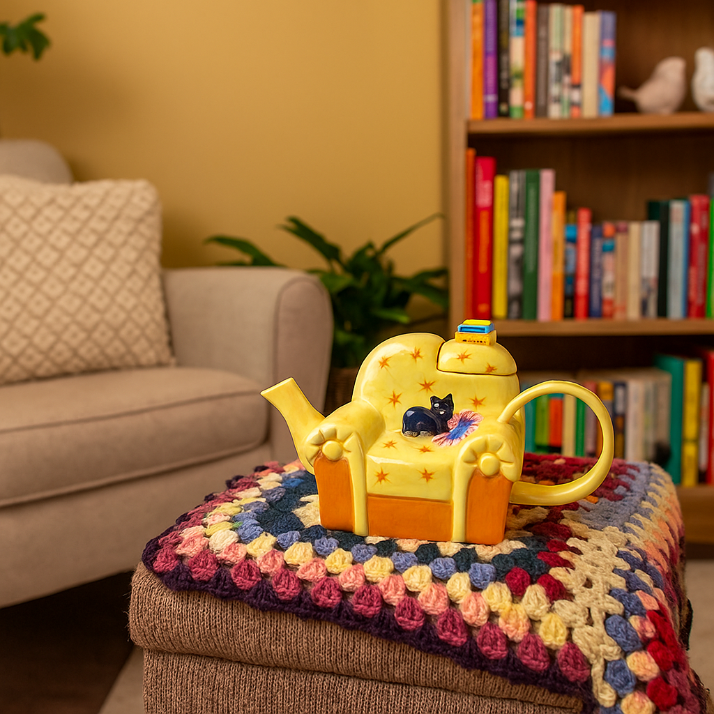 Designer Teekanne Sessel mit Katze Handbemalt