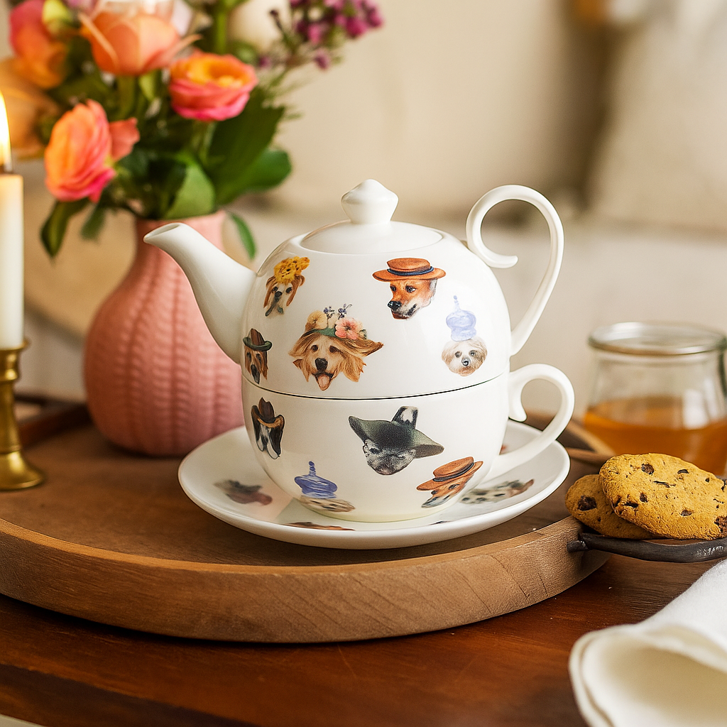 Tea for One 3er Set Teekanne Brillantporzellan Hunde 700ml