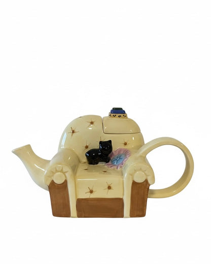Designer Teekanne Sessel mit Katze Handbemalt