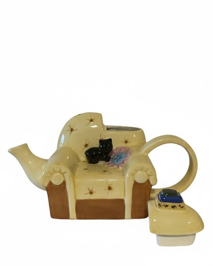 Designer Teekanne Sessel mit Katze Handbemalt