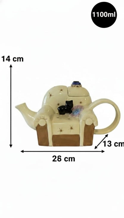 Designer Teekanne Sessel mit Katze Handbemalt