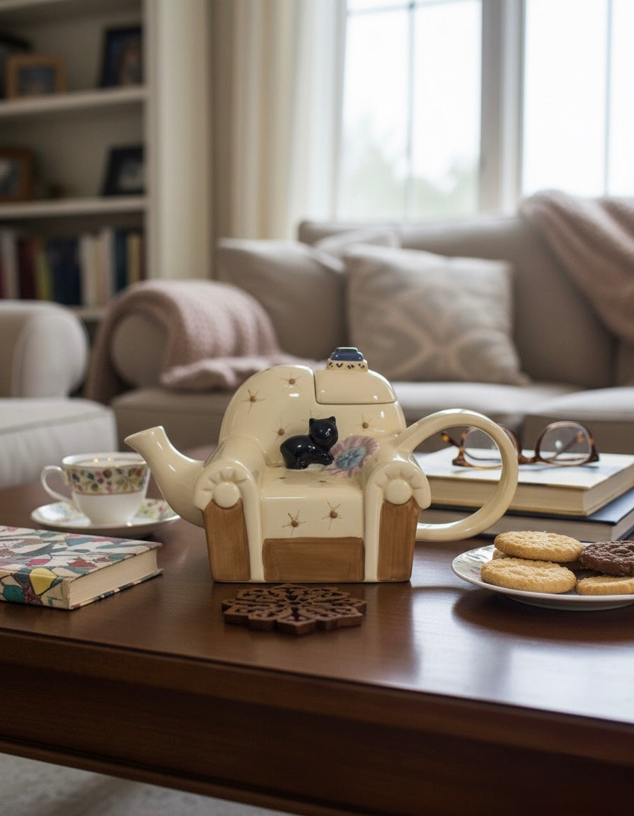 Designer Teekanne Sessel mit Katze Handbemalt