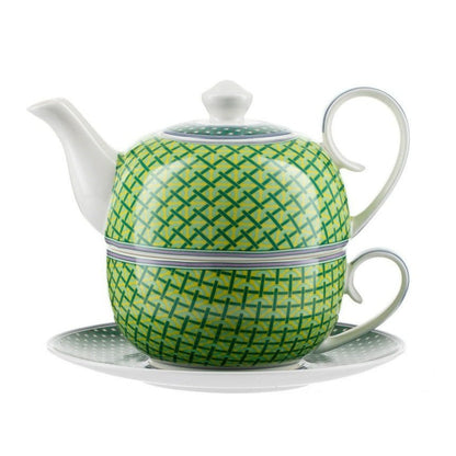 Tea for One Brillantporzellan Grüne Karos mit Untersetzer 450ml Jameson & Tailor